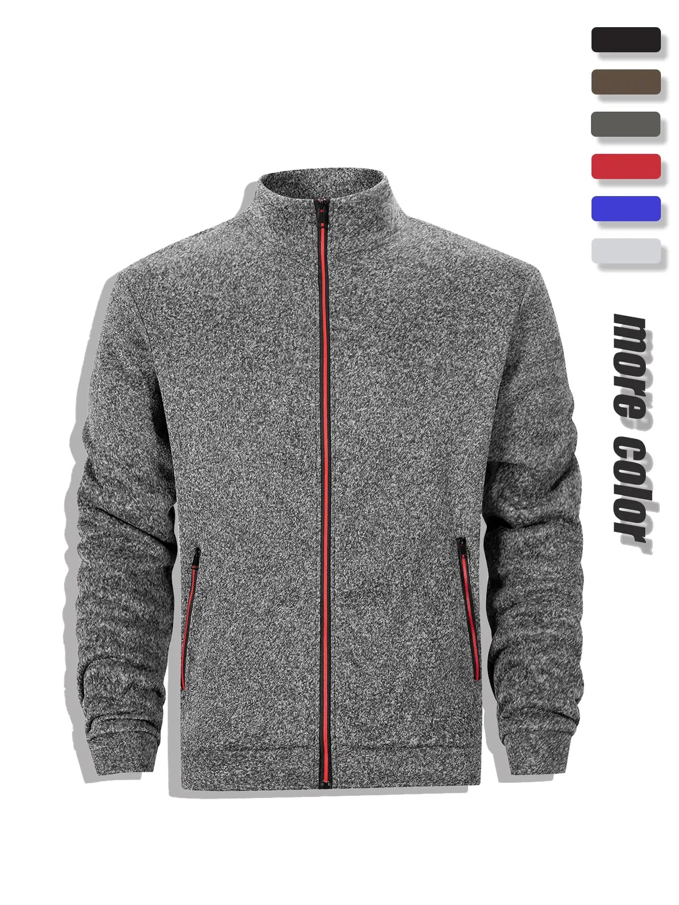 Men's full-zip stand-collar fleece jacket in grey heather with red zipper accents