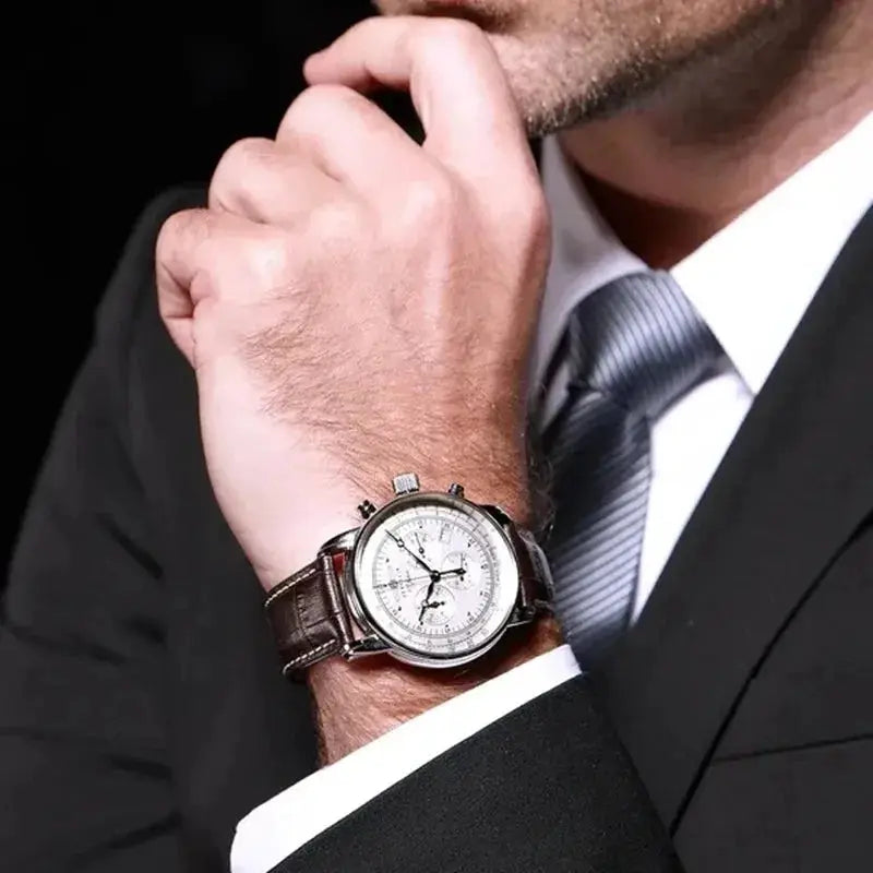 Zeppelin airship commemorative men's automatic watch with brown leather strap, silver case, white dial