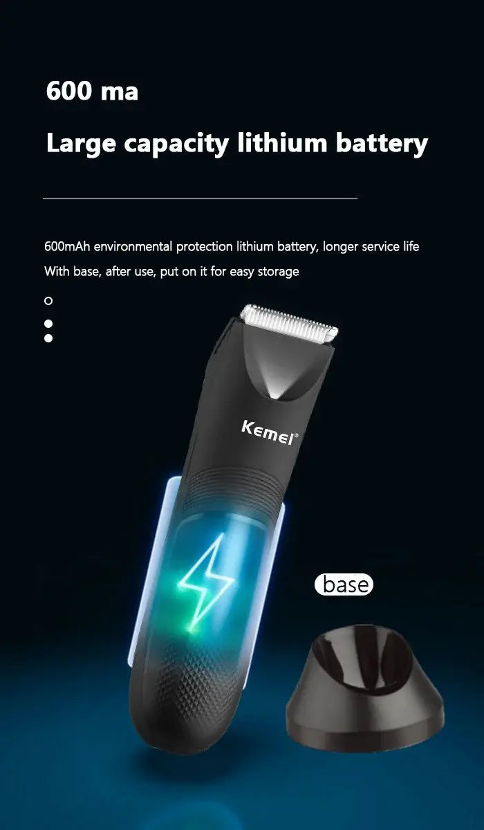 Kemei KM-1838 groin area trimmer with ceramic blade, waterproof wet/dry use, black cordless with charging base.