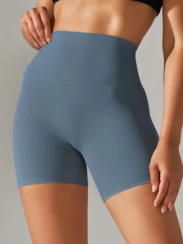 Women blue-gray high-waisted yoga shorts, squat-proof and quick-dry for gym workouts
