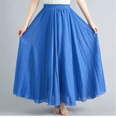 Blue Simples Market cotton-linen long skirt with elastic waist and A-line silhouette