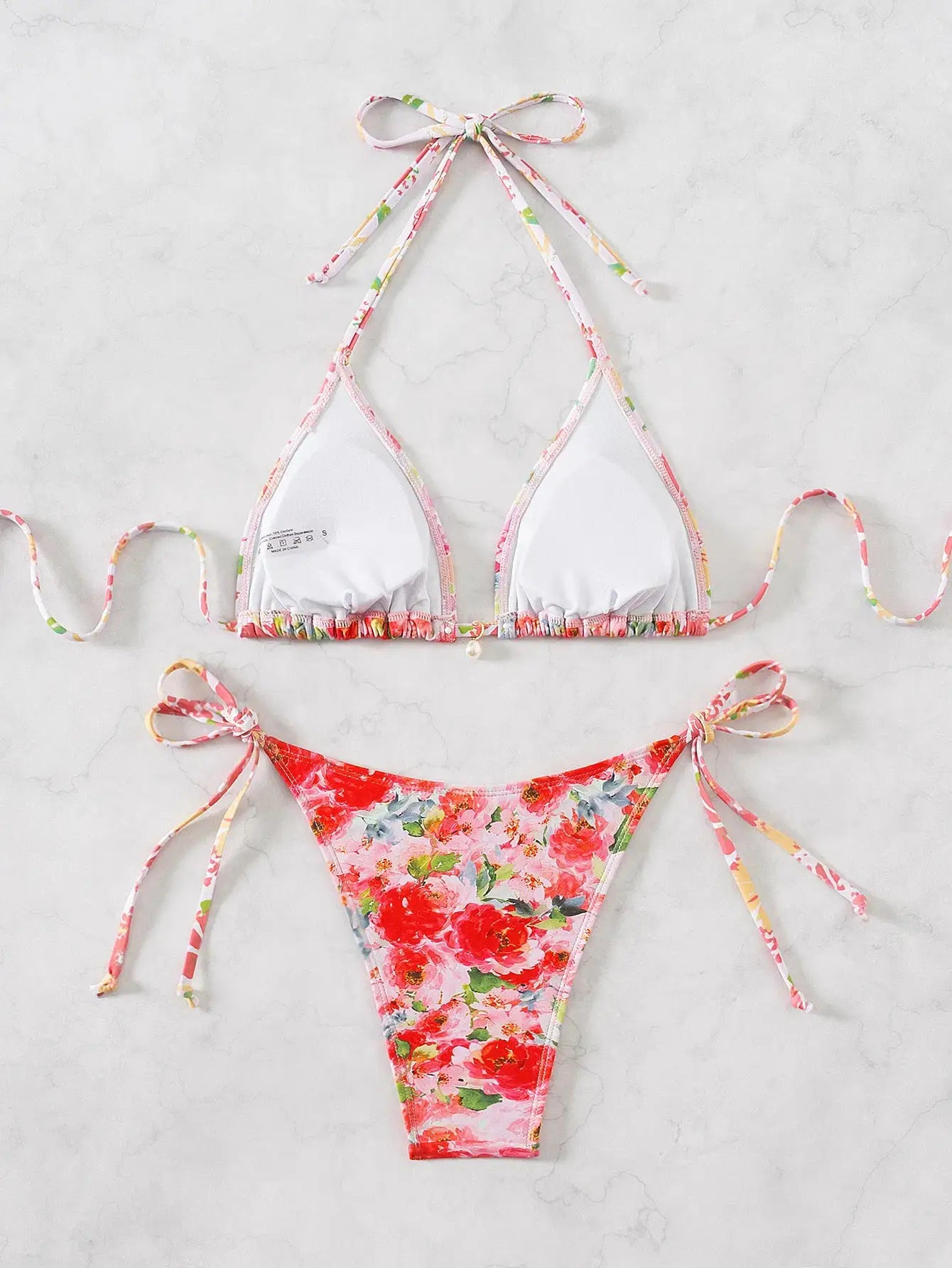 2-piece floral triangle bikini set with white top and red floral Brazilian bottoms