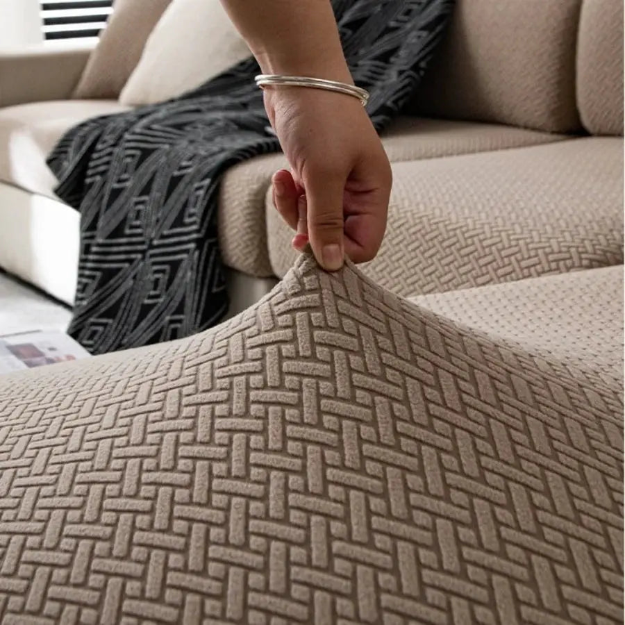 Stretchy polar fleece sofa cover for 1–4 seat sofas by Simples Market, beige geometric lattice pattern