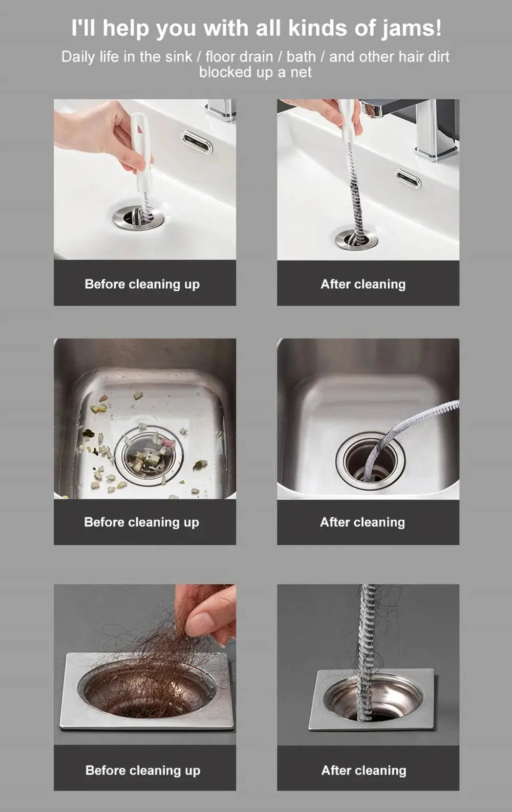 Simples Market pipe dredging brush; six-panel bathroom drain cleaner showing before/after results, flexible stainless steel