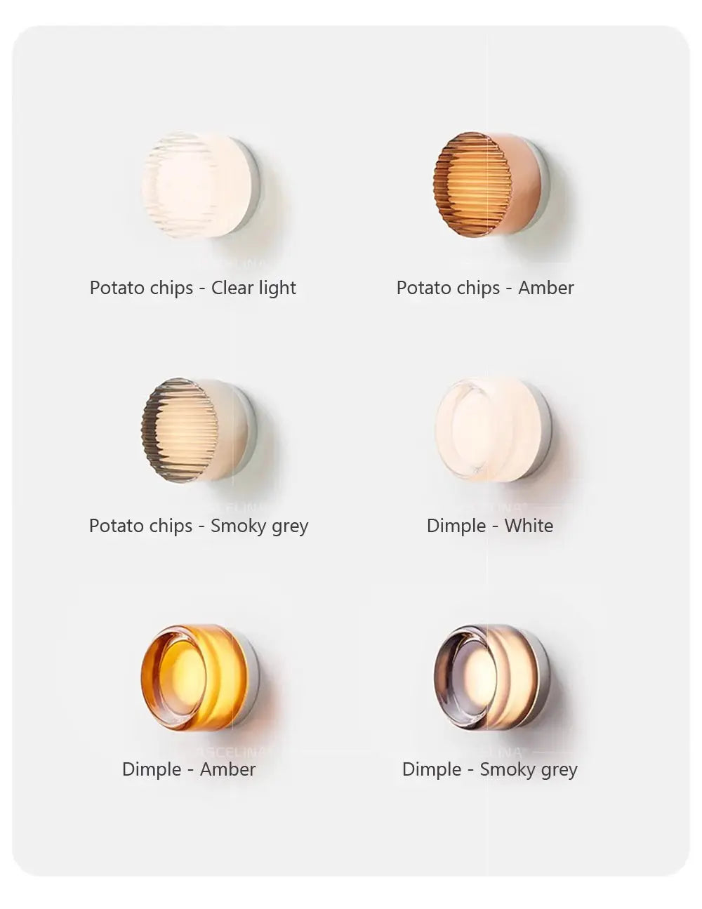 LED wall lamp collection; 8 finishes in potato chips and dimple styles—amber, smoky grey, clear, white.