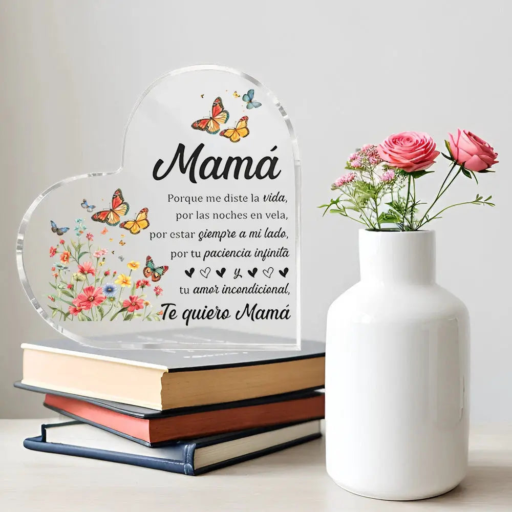 Heart-shaped clear acrylic gift plaque with Mama inscription, butterflies and flowers keepsake