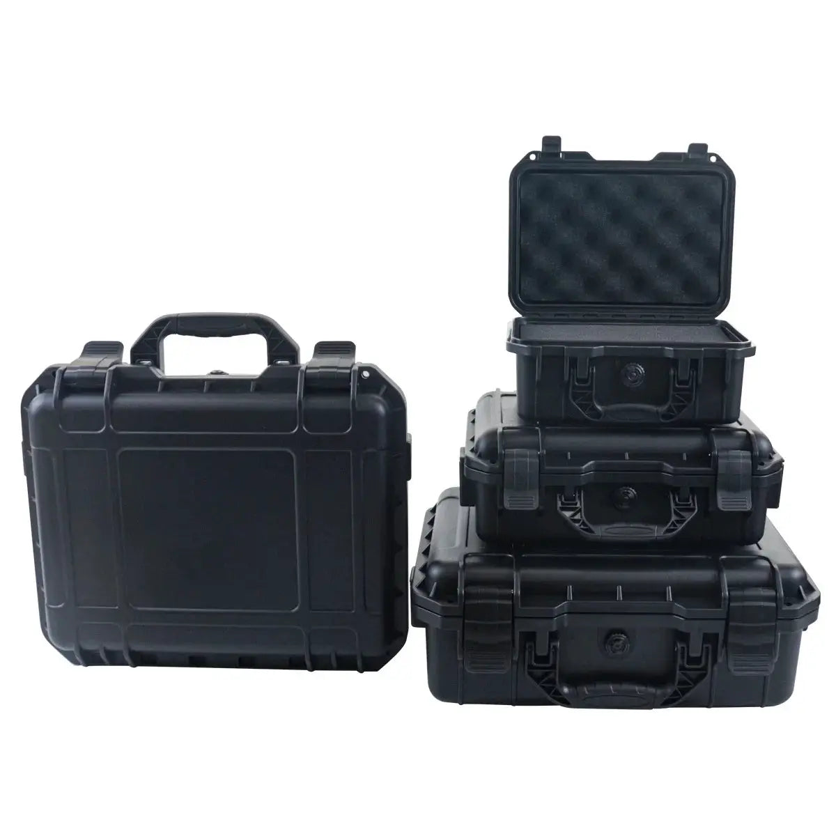 Set of four black waterproof hard tool cases with foam-lined interiors