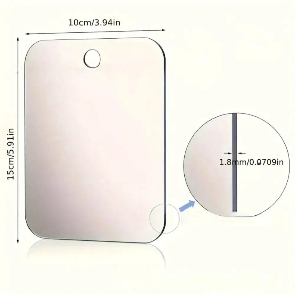 Bathroom anti-fog fogless acrylic shower mirror with wall hook; portable vanity mirror, 15 cm high by 10 cm wide.
