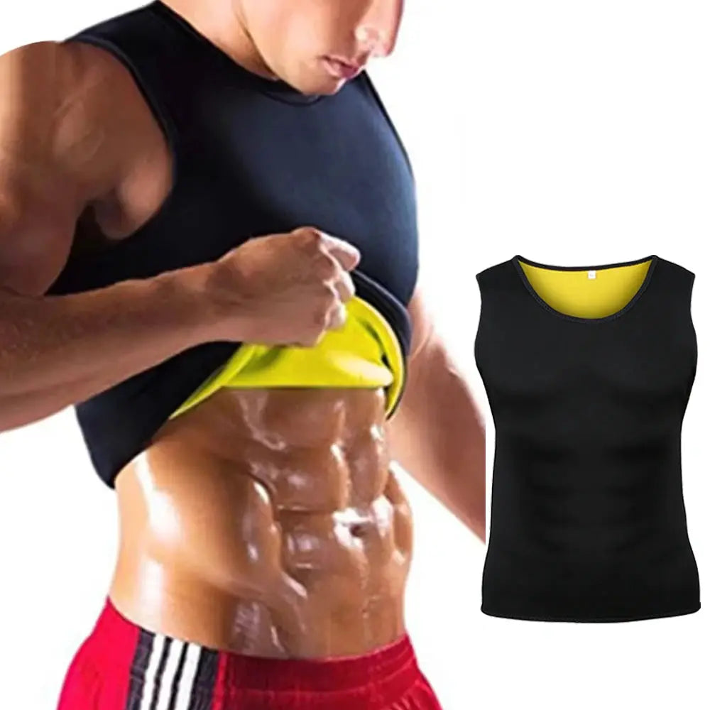 Men's slimming body shaper set: black waist trainer vest plus yellow-trim trimmer belt (2 items)
