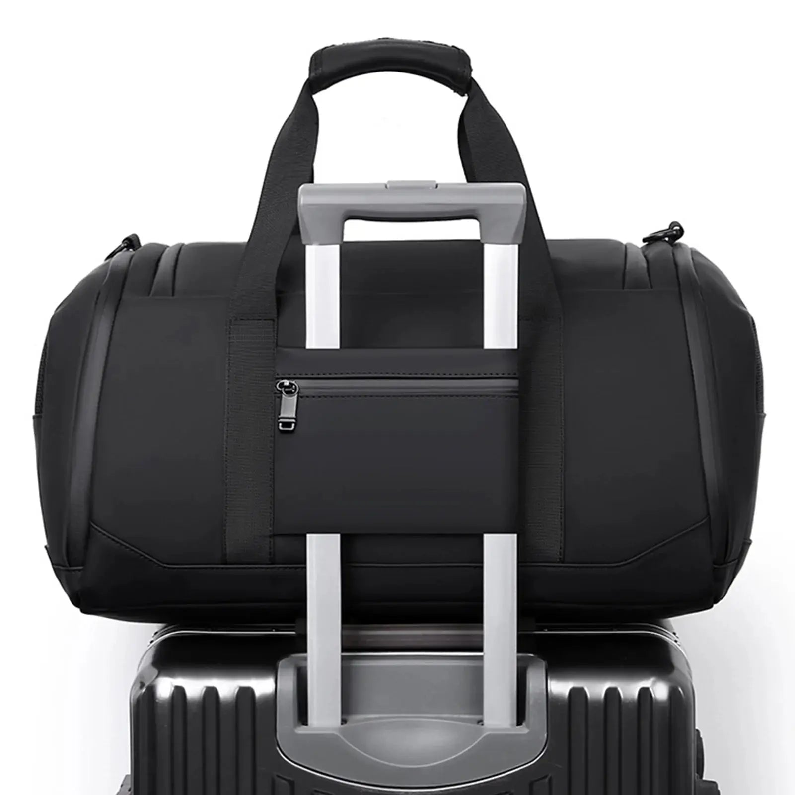 Simples Market large capacity travel tote bag, black with multiple pockets, on a rolling suitcase