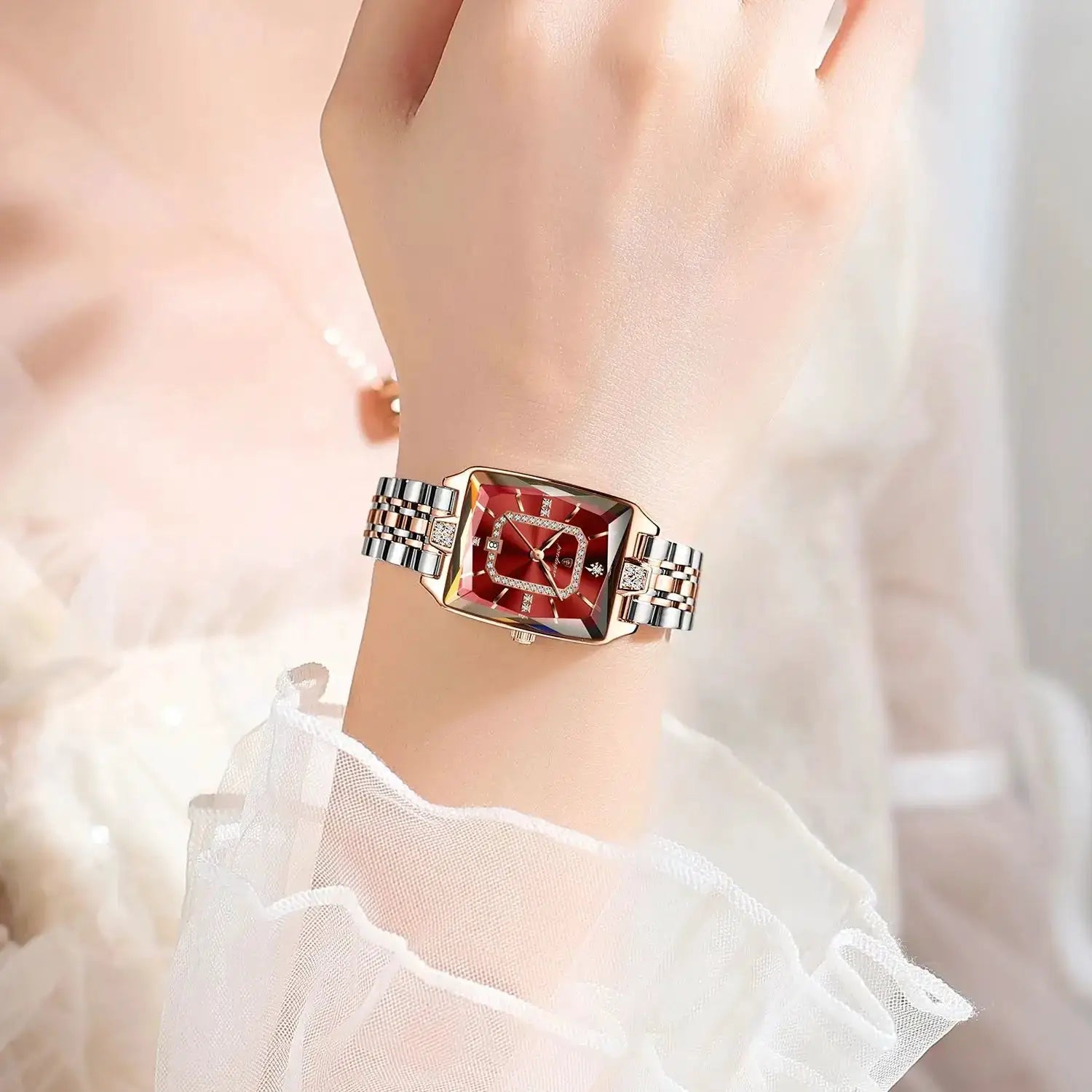 POEDAGAR luxury rectangle women’s watch with red dial, crystal hour markers, and two-tone stainless steel band