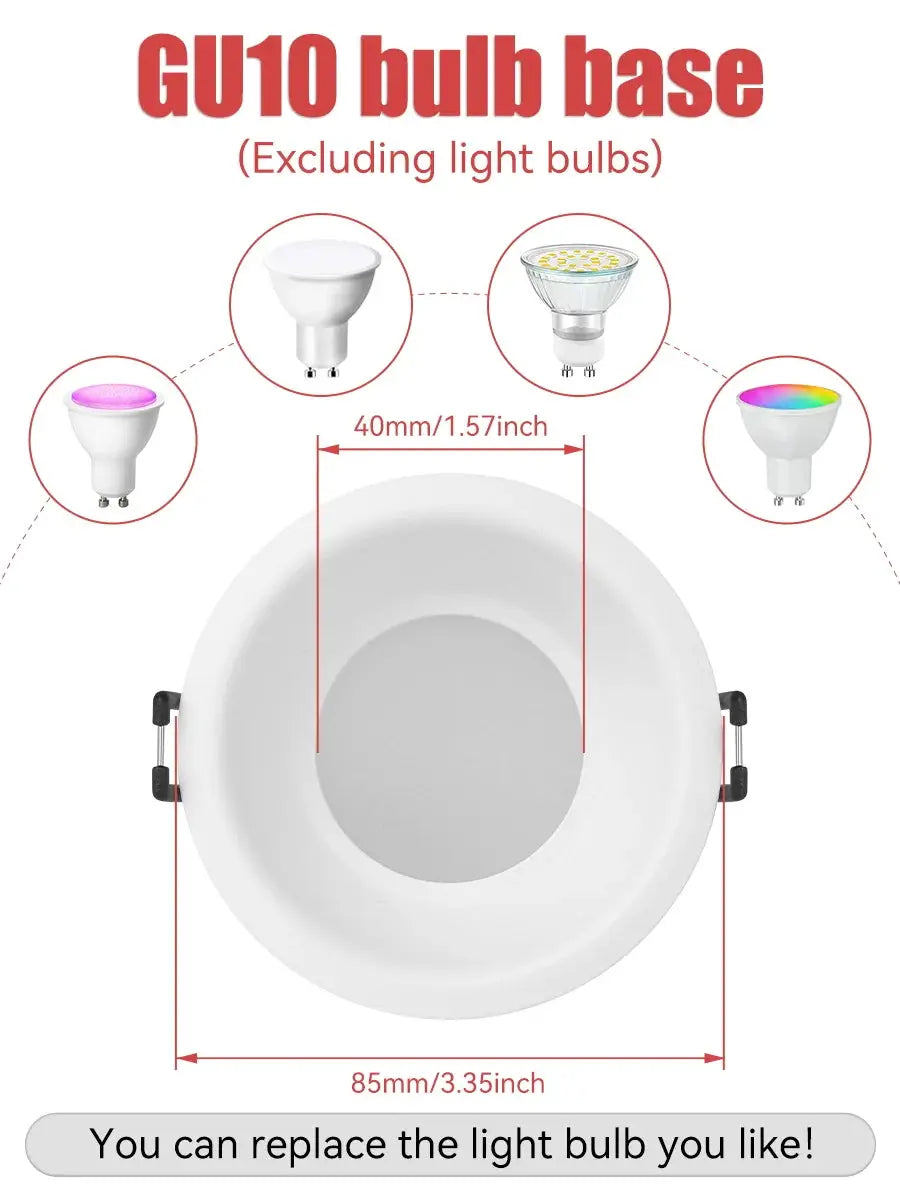 Simples Market GU10 replaceable bulb LED downlight; white circular ceiling lamp, 85mm diameter, five bulb options shown