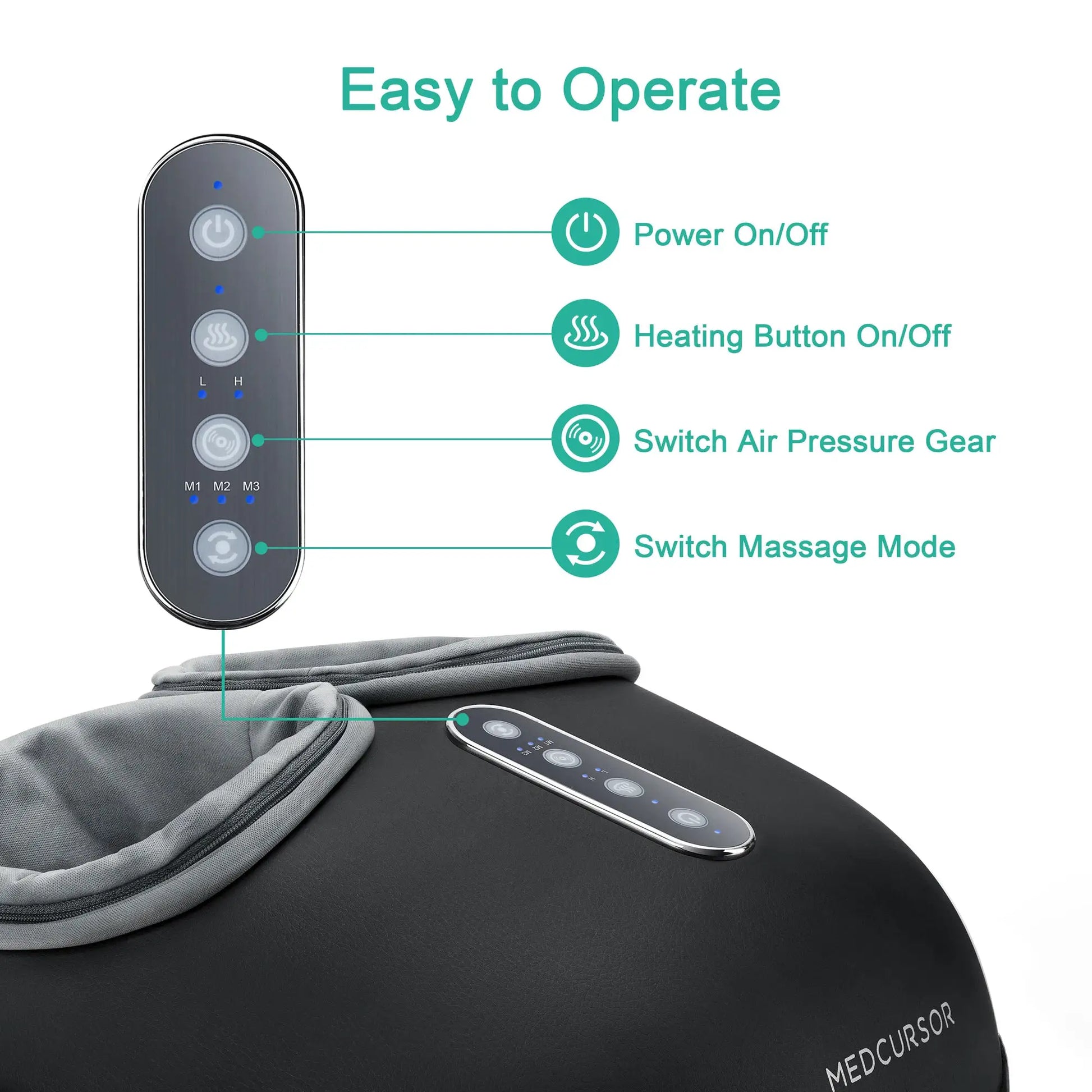 Medcursor shiatsu foot massager with remote control, black-wrapped unit on a bed.
