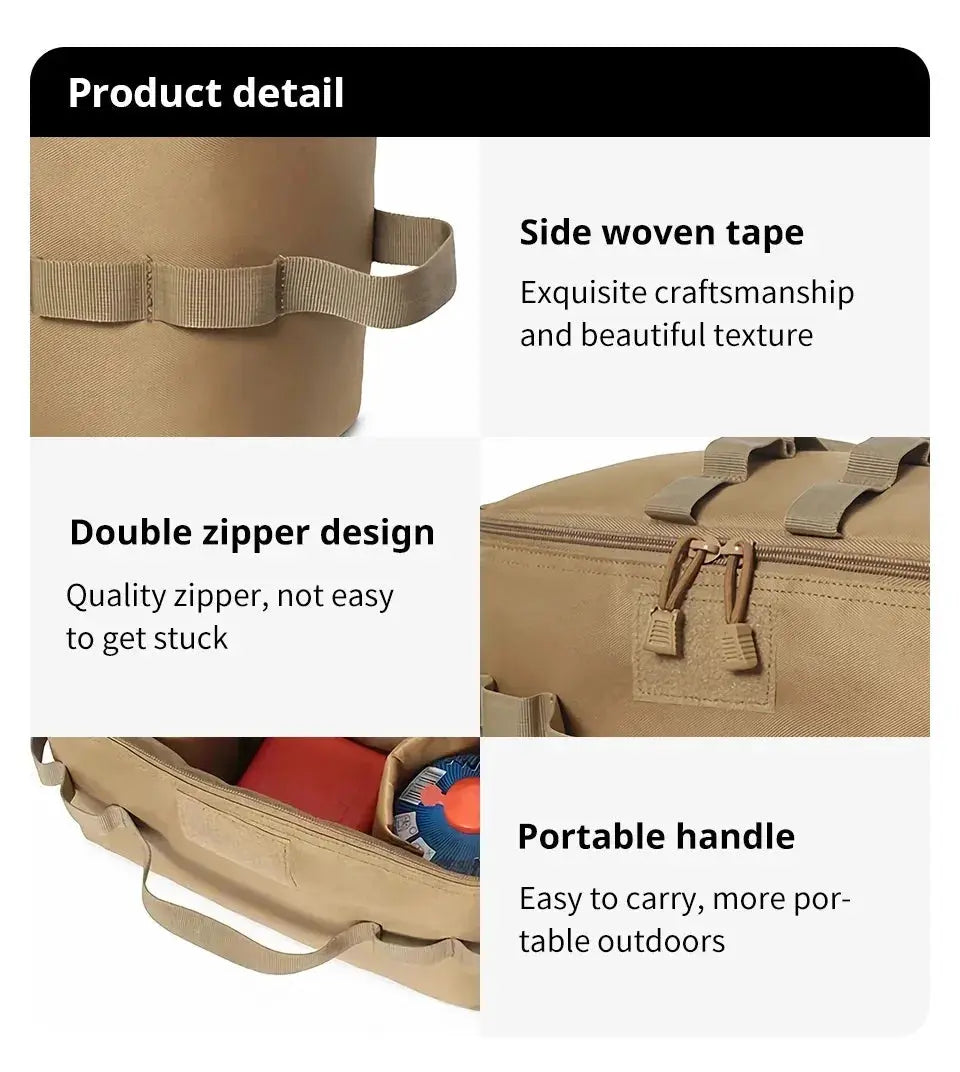 Simples Market Large Capacity Outdoor Camping Storage Bag, tan canvas with side woven tape and double zippers.