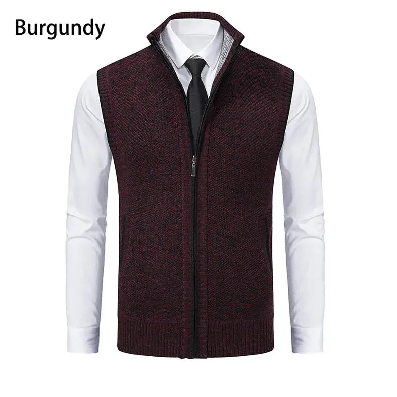 Men's knitted sleeveless zip cardigan vest in burgundy with stand collar by Simples Market