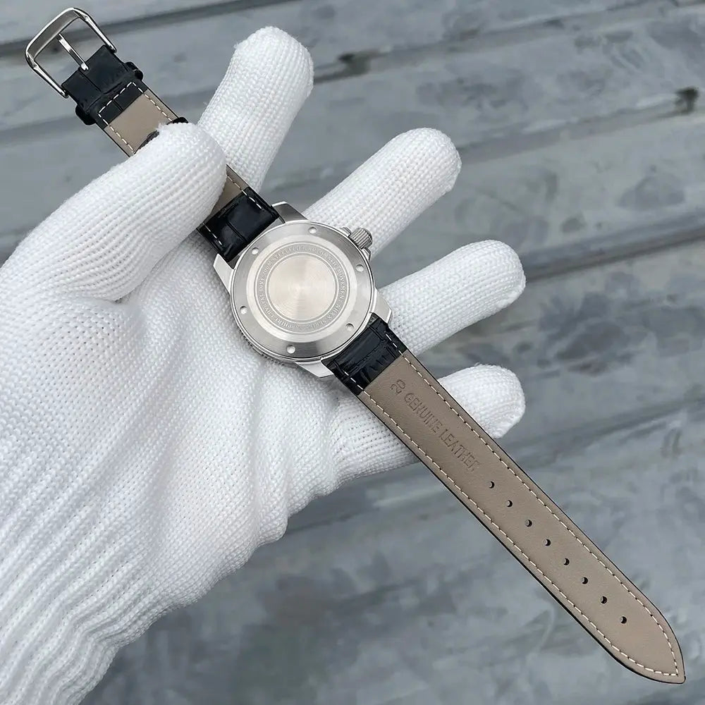 STEELFLIER SF783 automatic dive watch with ceramic bezel and black leather strap, stainless steel case back