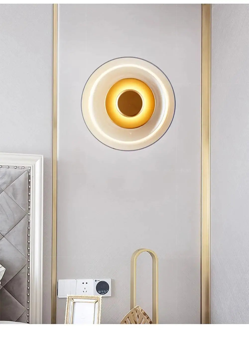 Nordic LED glass wall sconce by Simples Market; circular gold ring, warm glow for bedroom or living room