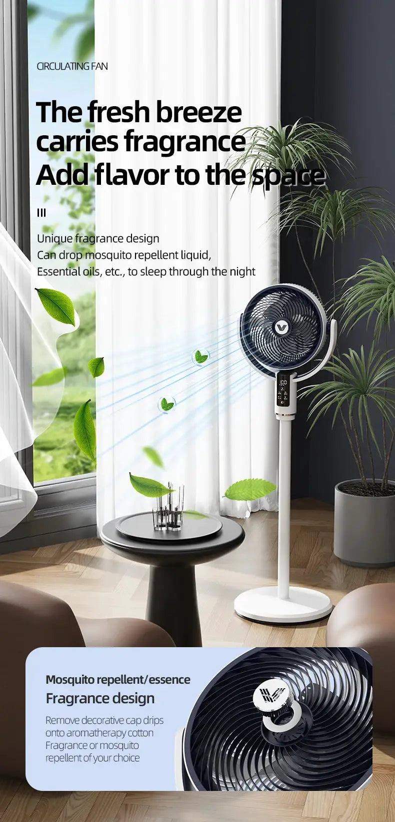 Simples Market floor fan with remote; white rechargeable DC 12V tower fan, 9000mAh battery, living room setting.