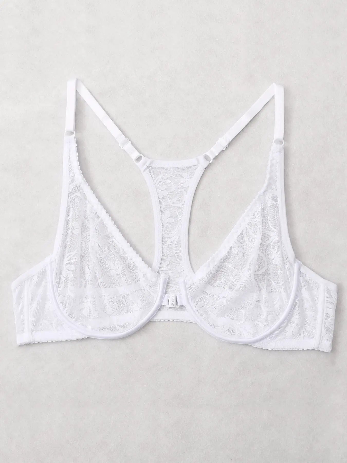 White lace bra with floral pattern, underwire, adjustable straps