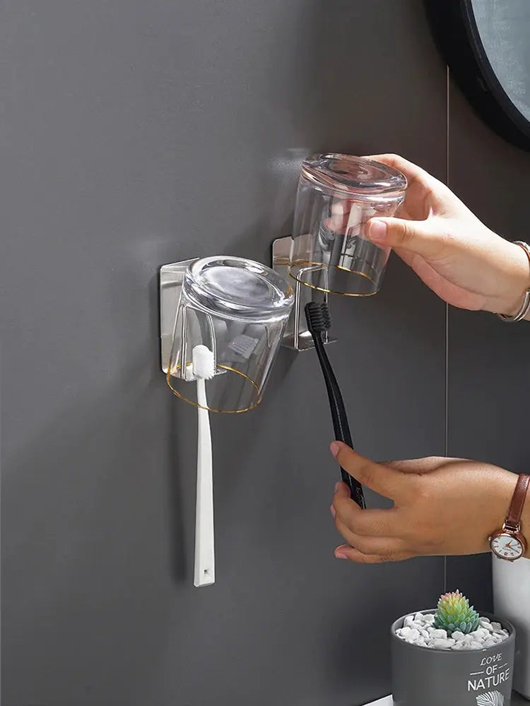 Stainless Steel Toothbrush Cup Holder Wall Mounted Perforation Free Rust Proof Bathroom Shelf Storage Rack