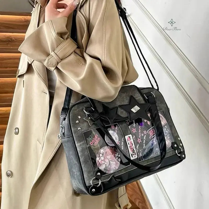 Simples Market Y2K Star Ita Bag crossbody with transparent pockets and star patches