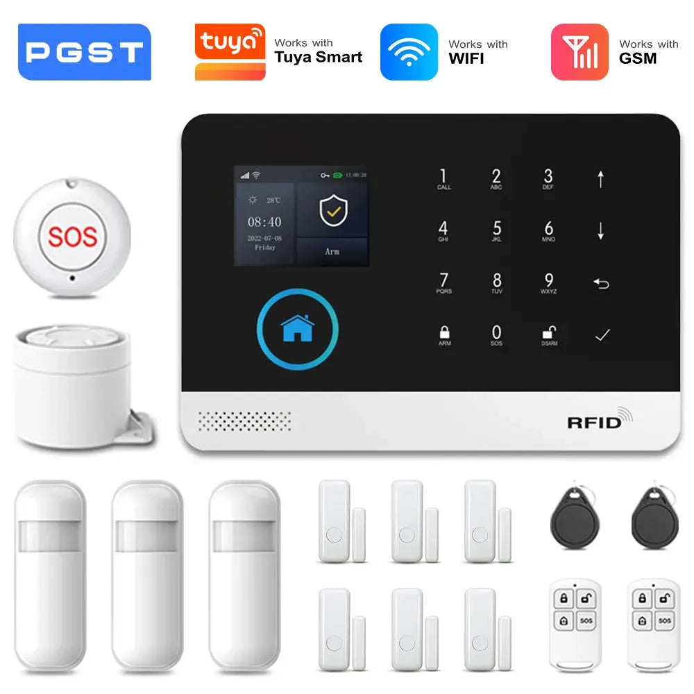 PGST wireless home security alarm system by Simples Market with RFID panel, white PIR sensors, and multiple remotes