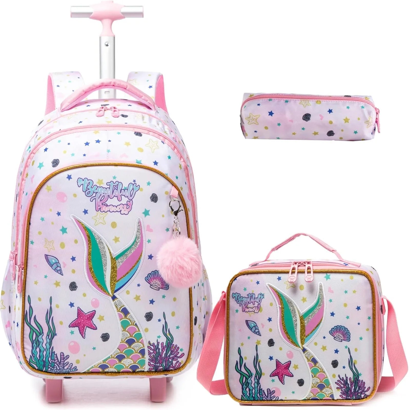 Pink children's wheeled backpack with lunch box set; mermaid tail and starfish sea-print pattern.