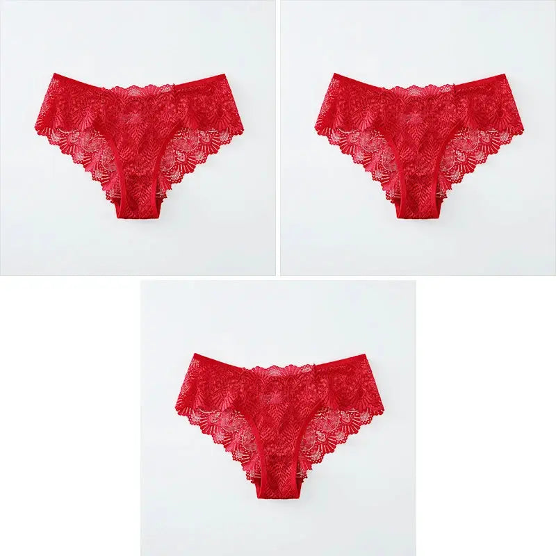 Simples Market red lace mid-waist women's panties shown in a three-image collage