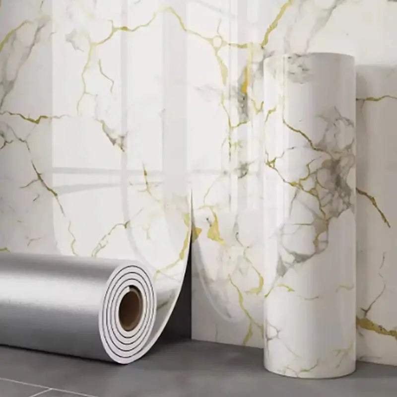 Simples Market two rolls of marble thick-foam self-adhesive wallpaper with white and gold veining.
