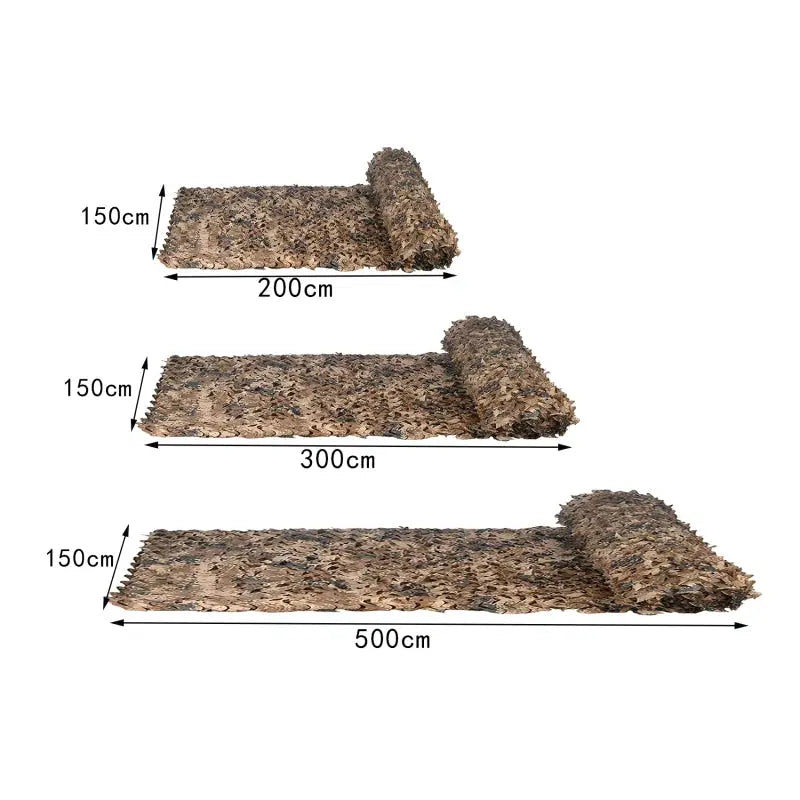 Simples Market military camouflage netting in woodland/desert pattern, shown in 150×200/300/500 cm.