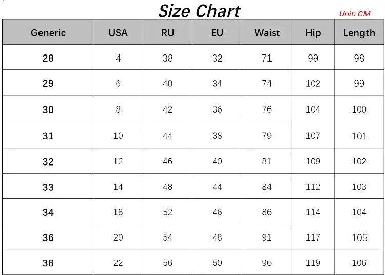 Autumn men's cotton pants size chart by Simples Market showing waist, hip and length in cm across US RU EU