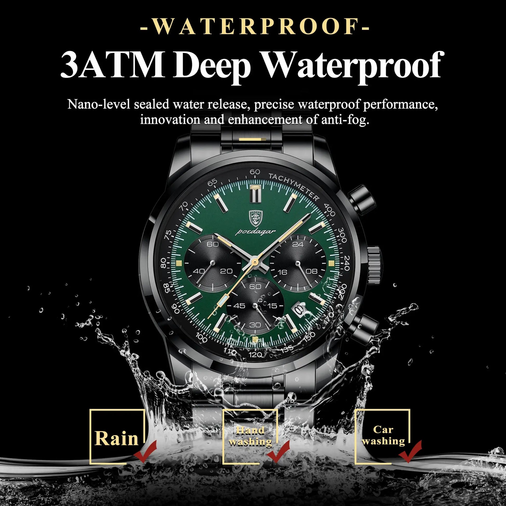 POEDAGAR men's luxury quartz watch with stainless steel case and bracelet, green dial, waterproof 3ATM