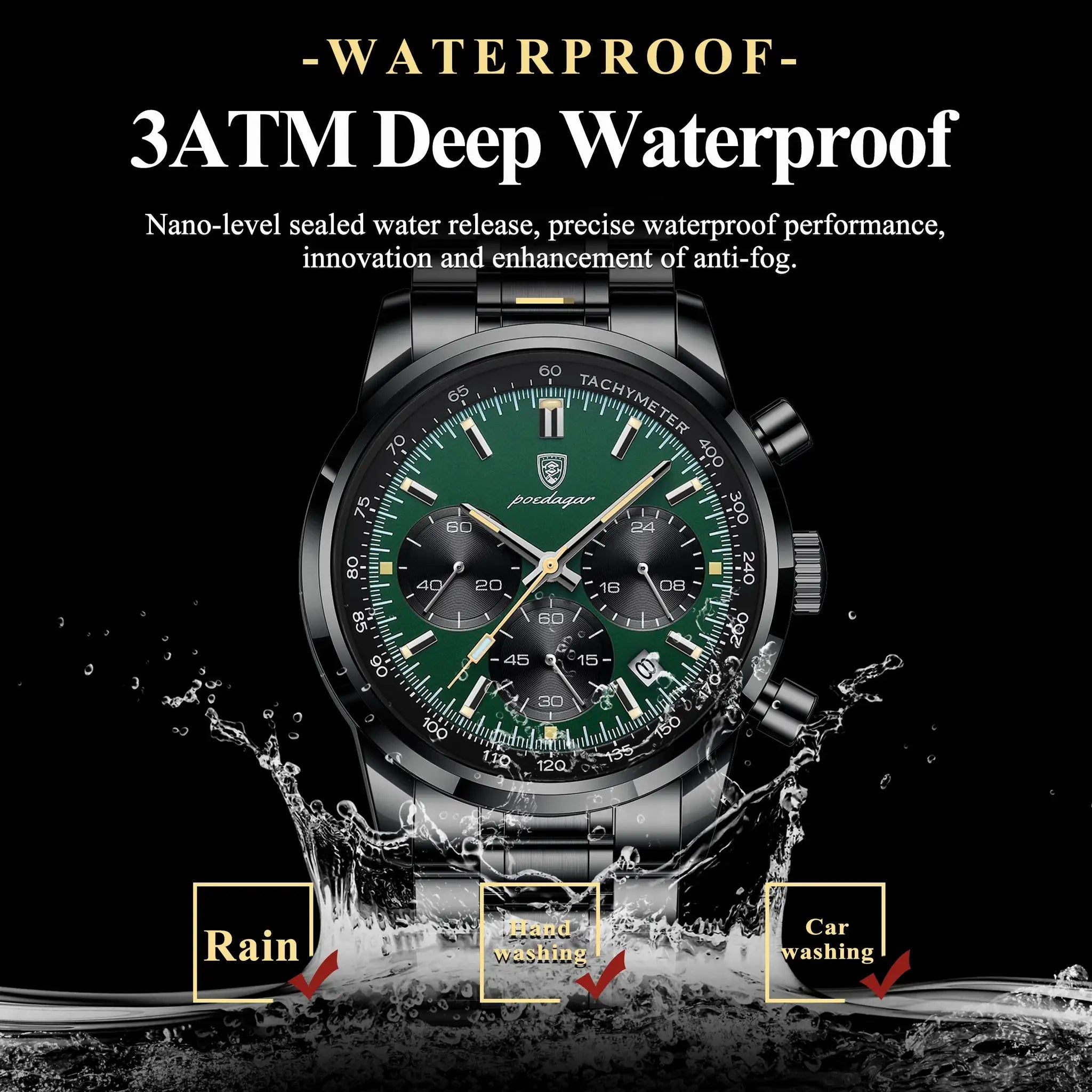 POEDAGAR men's luxury quartz watch with stainless steel case and bracelet, green dial, waterproof 3ATM