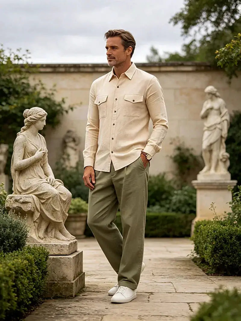 Men's beige linen long-sleeve shirt with double chest pockets, button-up, casual daily wear