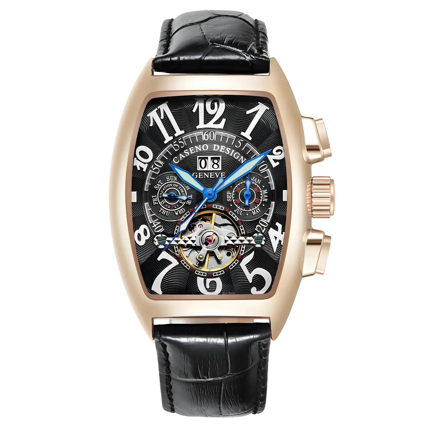 CASENO skeleton tourbillon watch for men with rose gold case, blue hands, black leather strap, calendar