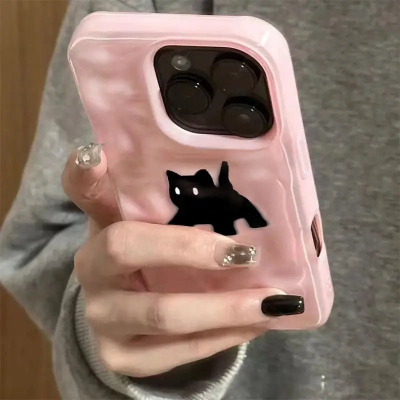 Simples Market pink fuzzy cat phone case for iPhone with black cat graphic and shockproof protection