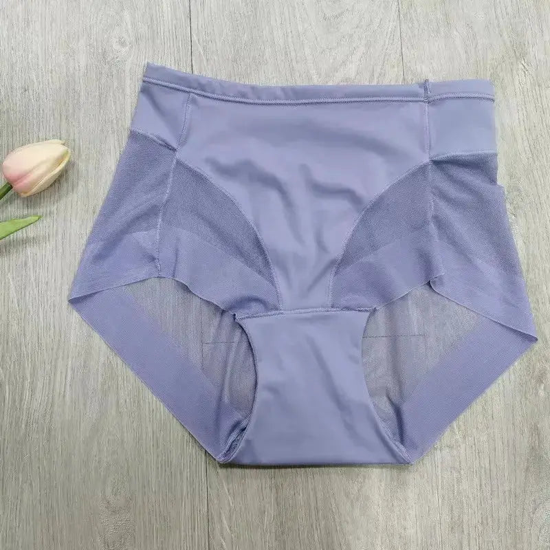 Womens high-waist slimming panties in lavender with tummy control panels and mesh side panels