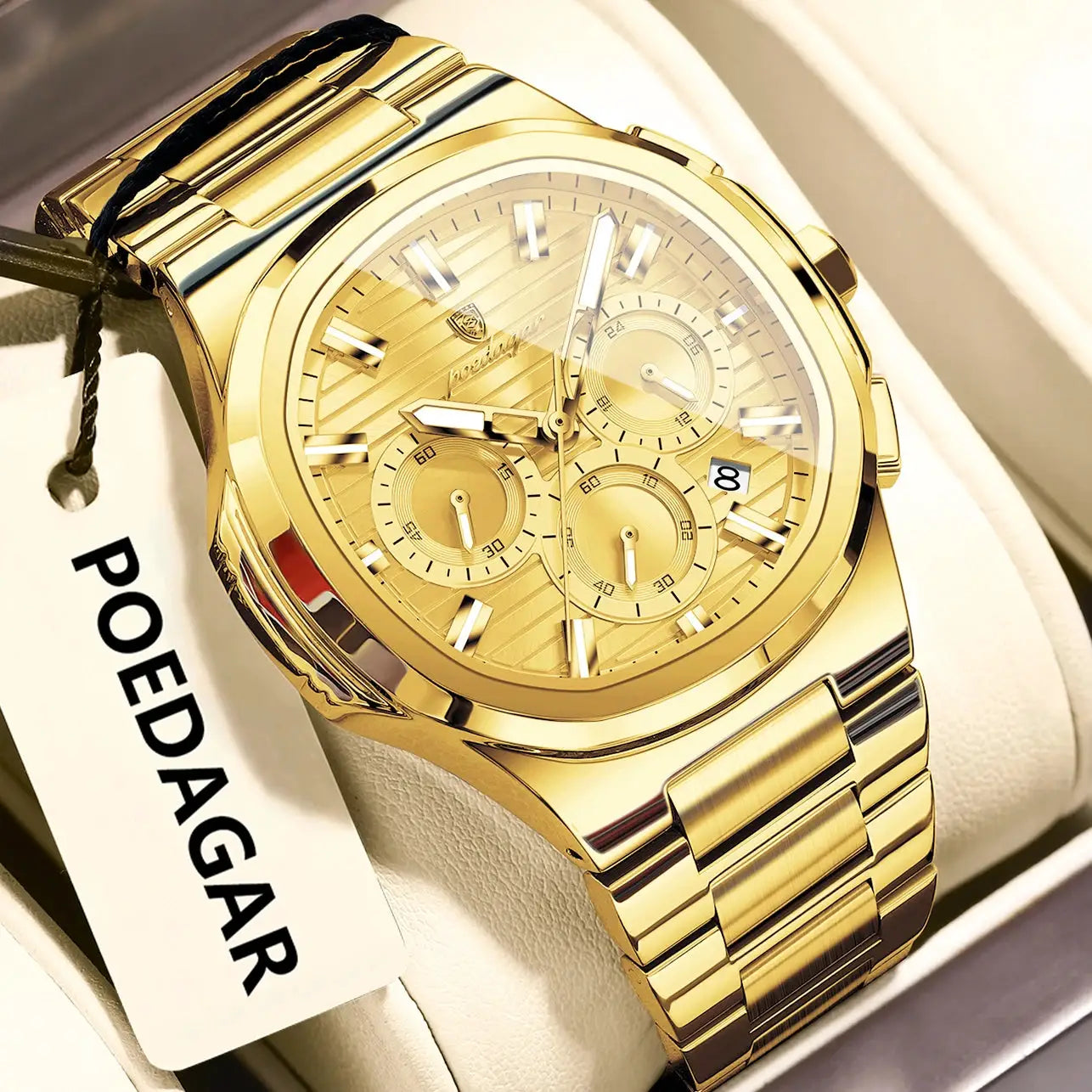 POEDAGAR gold-tone stainless steel men's chronograph wristwatch with date display and luminous markers
