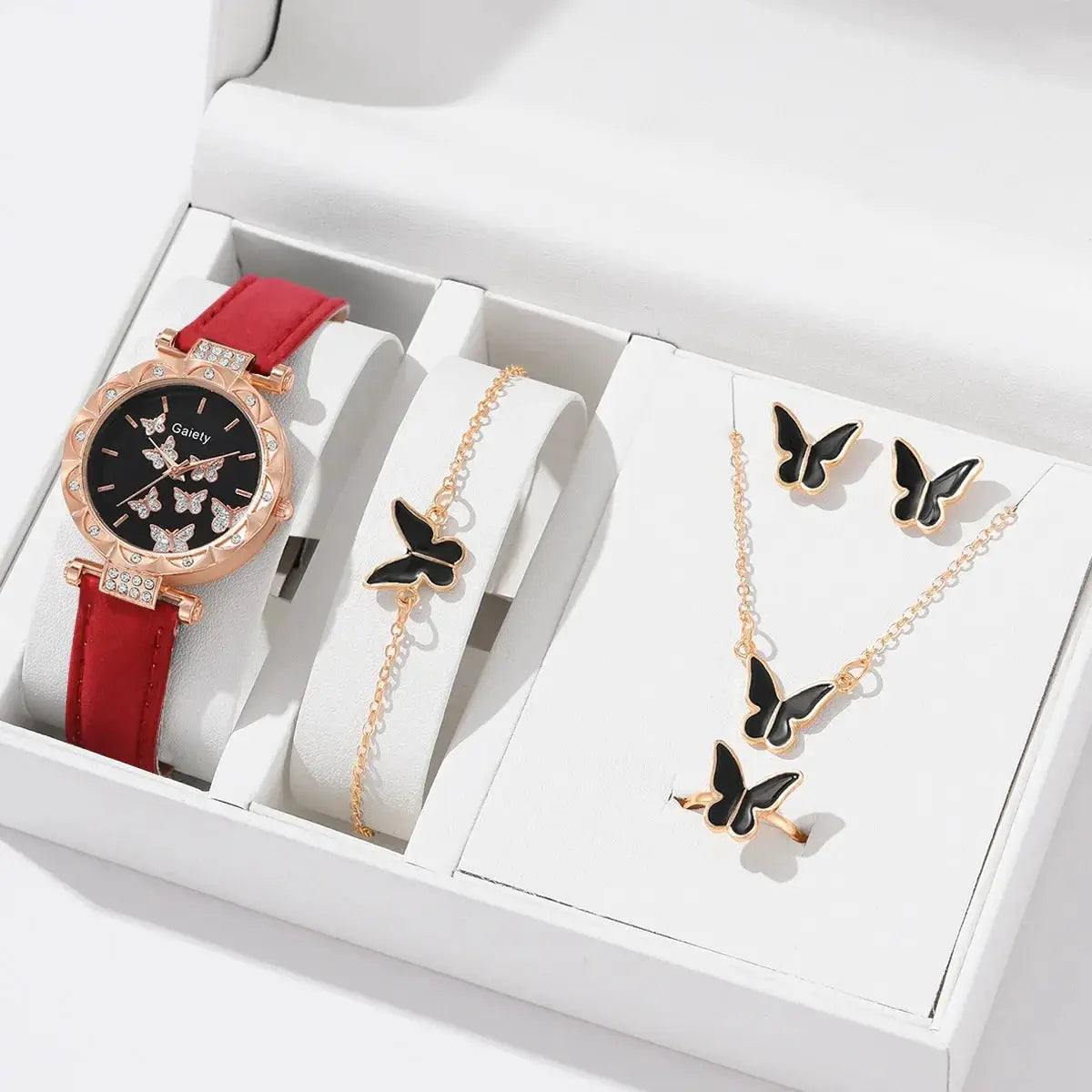 Butterfly Lane Watch Set Leather Strap Quartz Wristwatch With Matching Ring Necklace Earrings Bracelet