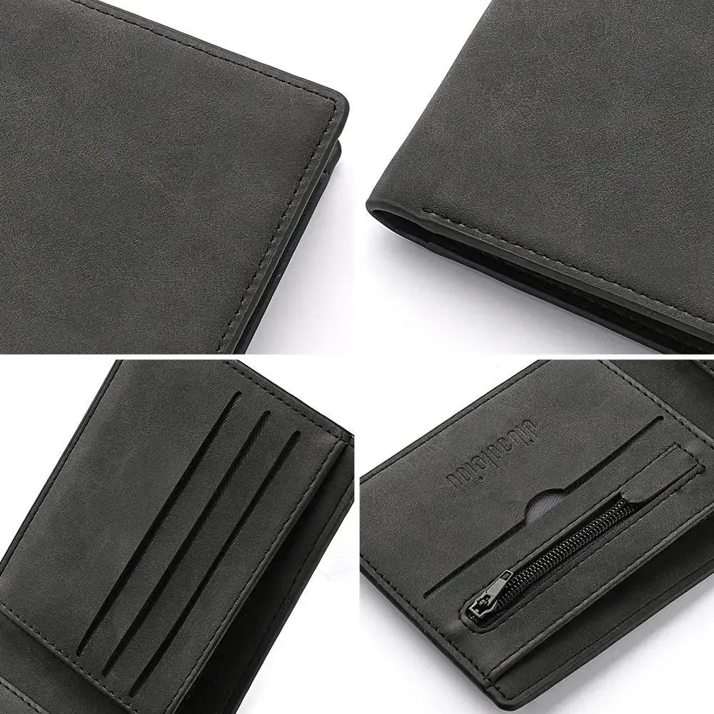Simples Market black PU leather folding wallet with multiple card slots and a coin zip pocket.