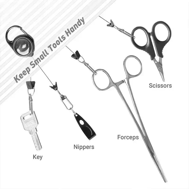 5-piece retractable pull-reel keychain tool set with carabiner, scissors, forceps, nippers, and key.