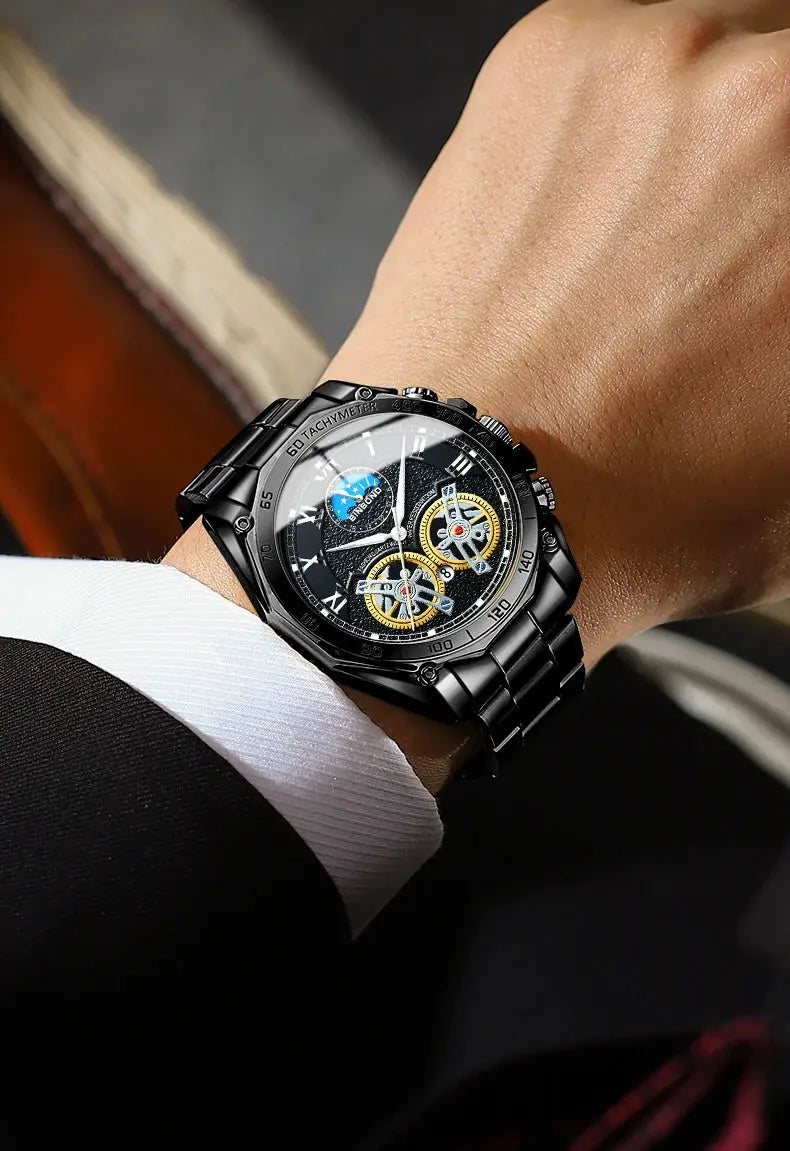 BINBOND luxury men's quartz watch with black stainless steel band, skeleton dial and tachymeter bezel.