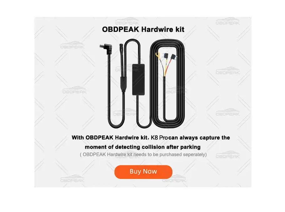 OBDPEAK hardwire kit for K8 Pro dash cam with black cables and adapters