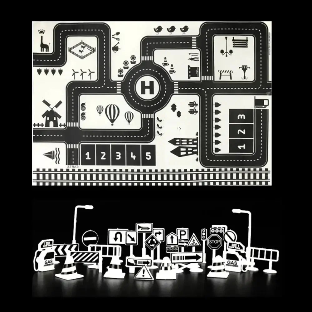 City Traffic Road Map Play Mat For Toddlers With Roads Buildings Parking Lots And Traffic Signs