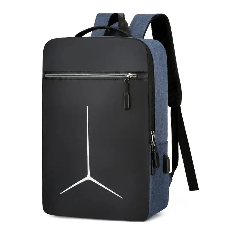 Backpack with black front panel and blue sides, sleek anti-theft travel design for laptops