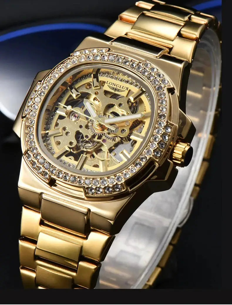 LONGLUX automatic men's gold-tone skeleton watch with diamond-studded bezel and stainless steel bracelet