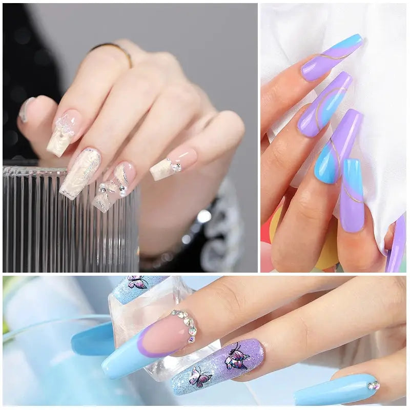 Simples Market professional gel nail polish kit; collage featuring lavender and blue gradient nails with rhinestones