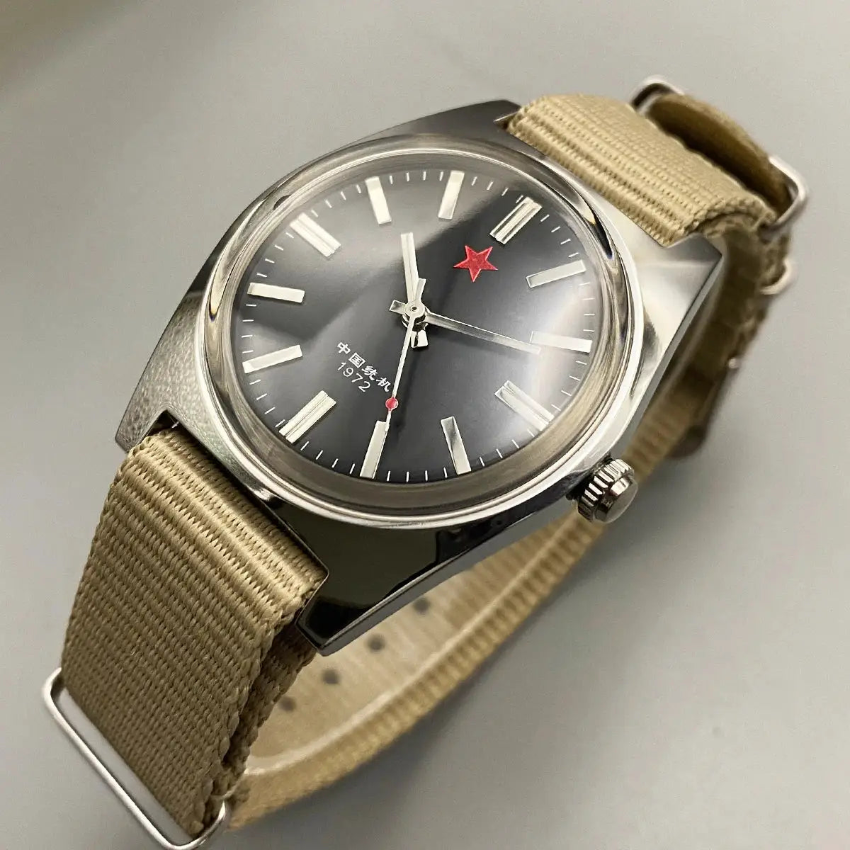 Men's mechanical watch Shanghai 8120, 36mm, black dial with red star, beige fabric strap, Simples Market