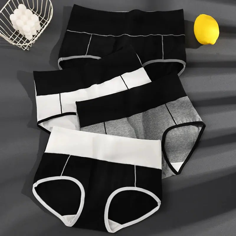 Simples Market 4-pack high-waist cotton women's panties, breathable plus-size underwear set (M-5XL) in black/white/gray