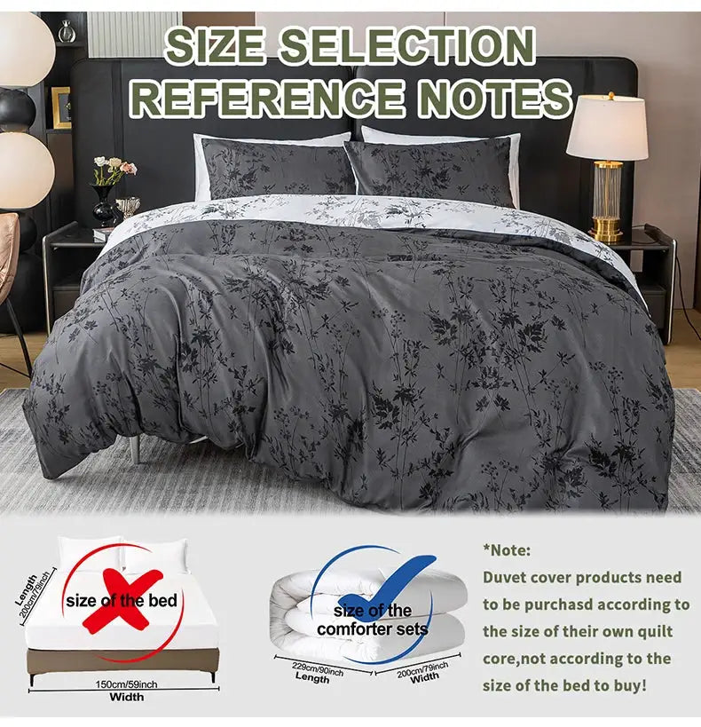 Duvet cover set in gray floral print; includes 1 duvet cover and 2 pillowcases (3-piece bedding)
